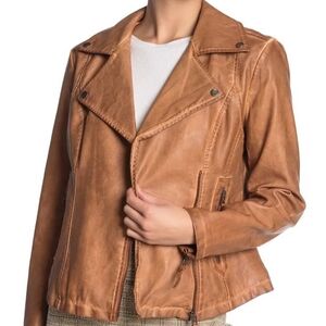 MAX STUDIO Cognac Washed Faux Leather Moto Jacket